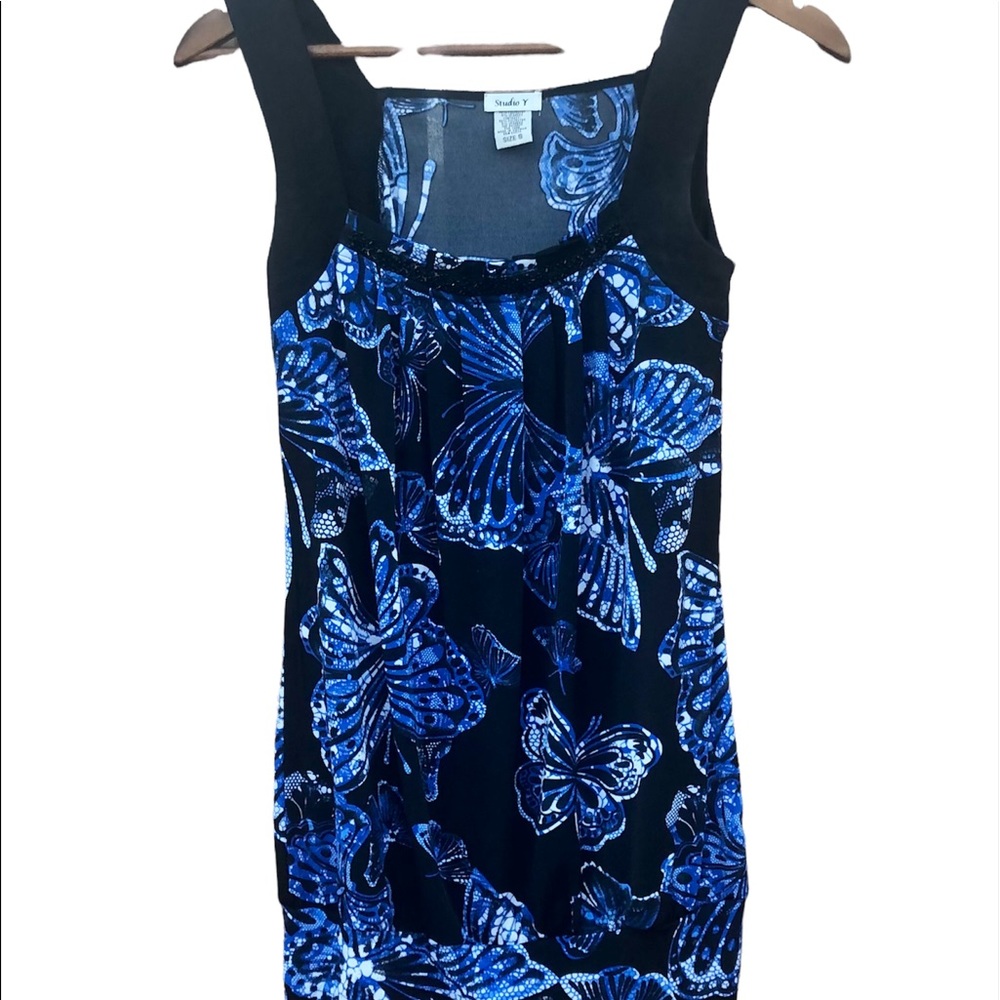 Butterfly Sleeveless top Women’s Sz. Small Black & Blue Studio Y